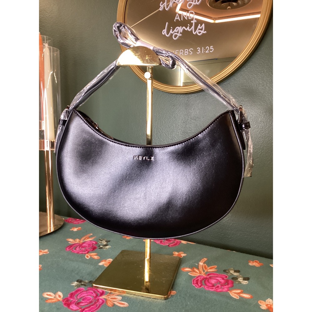 Black Crescent Shoulder Bag Smooth‎ Faux Leather Modern Minimalist Style